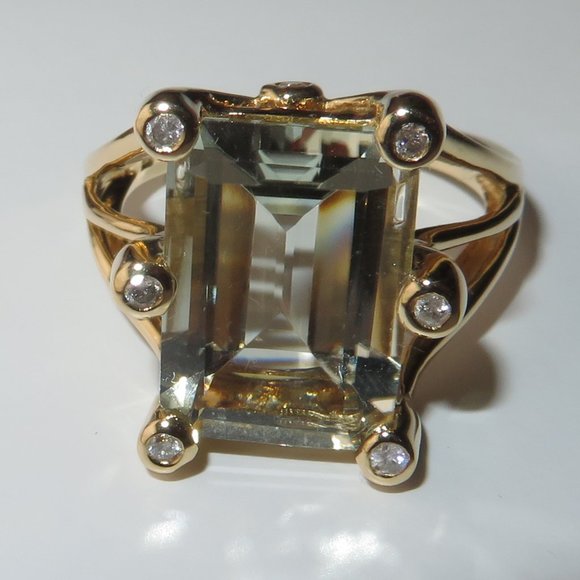 Natural Prasiolite Green Quartz Natural Diamonds 14K Yellow Gold Cocktail Ring - Picture 3 of 12